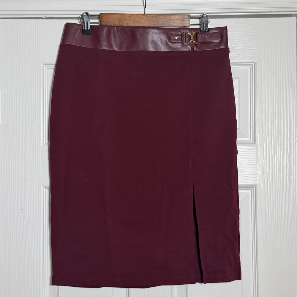 Marc New York Deep Burgundy Red Pencil Skirt with Leather Trim & Faux Buckle